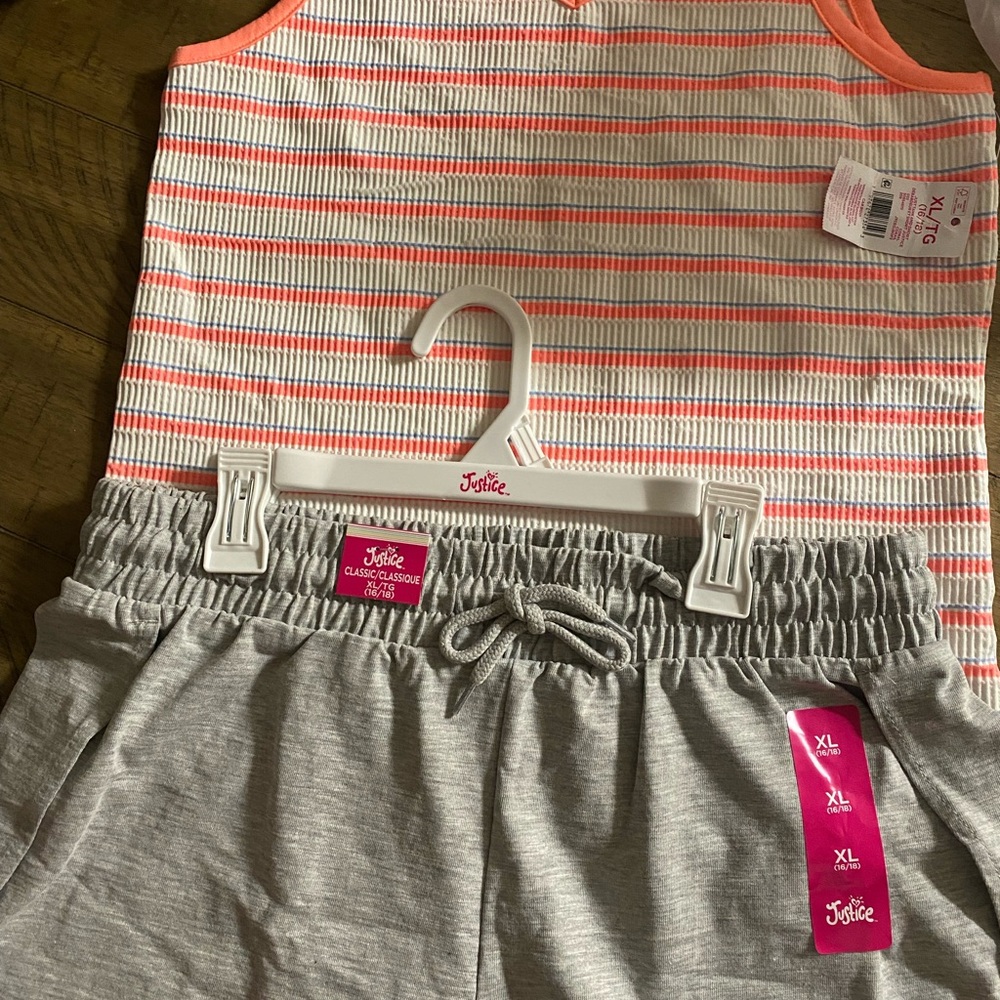 Justice Coral Striped Tank with Gray Shorts( brand new)